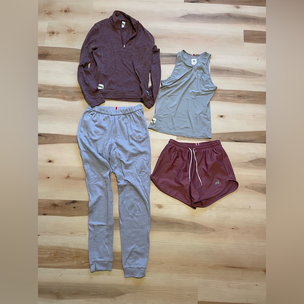 4pc Tracksmith lot xs merino wool joggers, 1/4 zip, tank, shorts